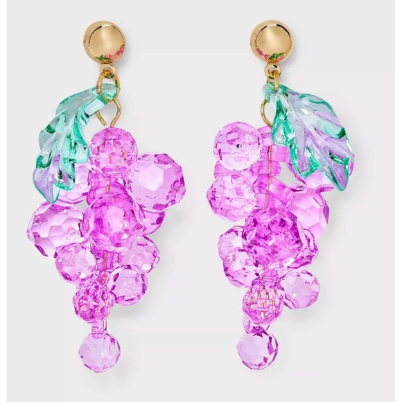 A New Day Grape Earrings Cluster Drop Purple Acrylic Fruit Green Leaf Statement - Picture 2 of 6